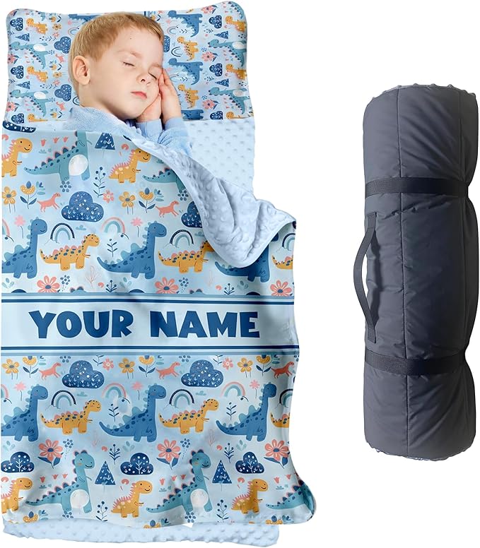 Personalized Toddler Nap Mat for Preschool, Custom Name Kids Sleeping Bag for Daycare, Kindergarten Roll Up Sleeping Mat with Removable Pillow and Soft Blanket, Fun Themes for Boys & Girls