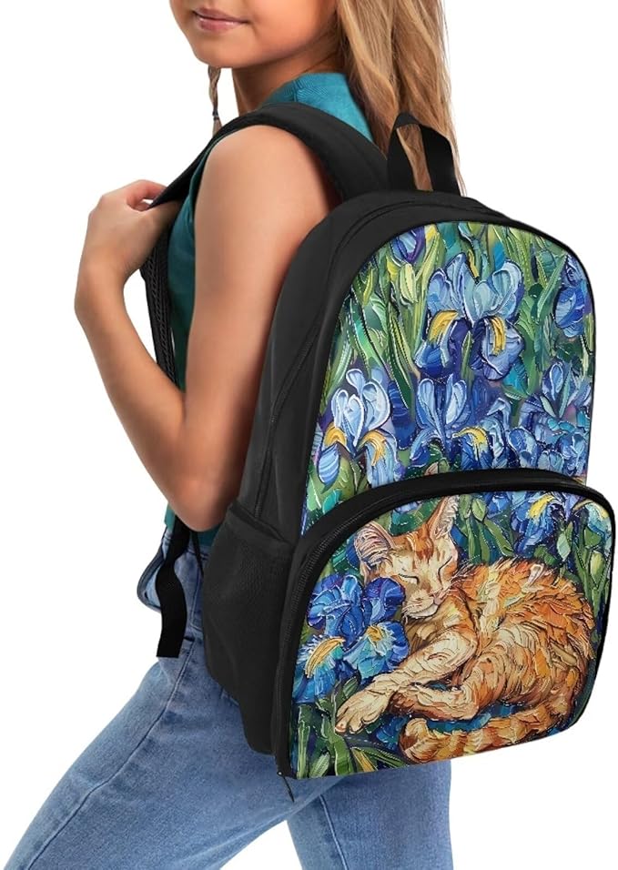 Hiking Picnic Food Cooler Backpack for Teens Men Women Primary Middle High School Bookbag Outdoor Laptop Bag All In One Backpack Meal Bag, Cat in Irises Floral
