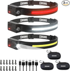 COSOOS LED Headlamp Rechargeable 3PCS with Cases, White & Red Light, Motion Sensor, Hardhat Clips, 230° Wide Beam Head Lamp for Adults, Head Light Flashlight for Hiking Camping Accessories
