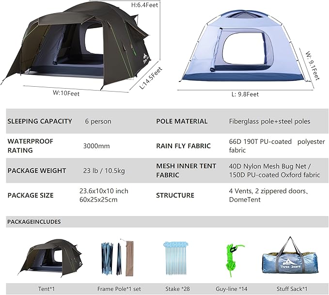 Three Bears Family Camping Tent - 6-Person Spacious Design, 3000mm Waterproof, Suitable for Road Trips/Backyards/Extended Camping Adventures in All Scenarios