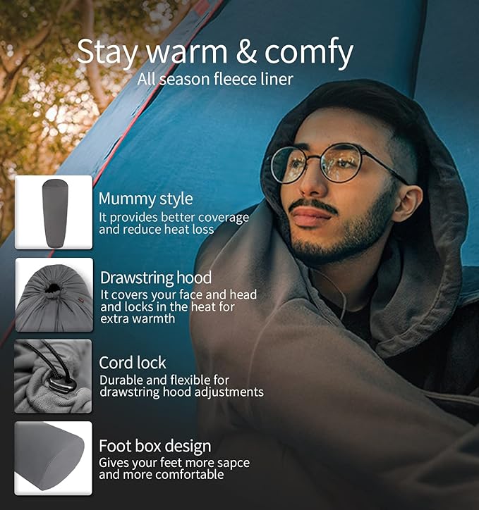 Litume All Season Fleece Sleeping Bag Liner Adds Up to 27°F/ 15°C, Lightweight Mummy Sleeping Sack for Cold Weather and Winter Backpacking, Camping, Traveling with Drawstring Hood and Stuff Sack E629