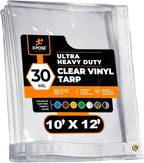 10' x 12' Clear Vinyl Tarp - 30 Mil Super Heavy Duty Transparent Waterproof PVC Tarpaulin with Brass Grommets - for Patio Enclosure, Temporary Wall, Camping, Tent Cover, Canopy - by Xpose Safety