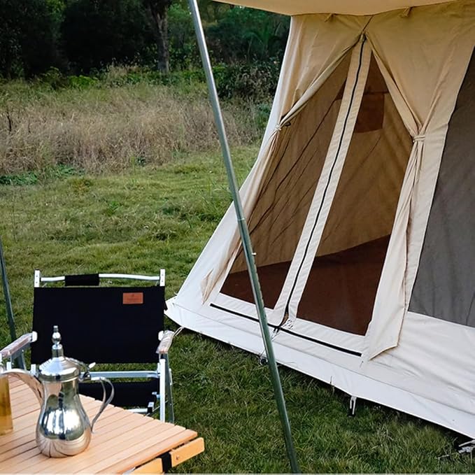 UNISTRENGH Waterproof Cotton Canvas Cabin Tent 4 Season Outdoor Family Camping Tent Shelters with Awning & Extra Wide Mesh Doors