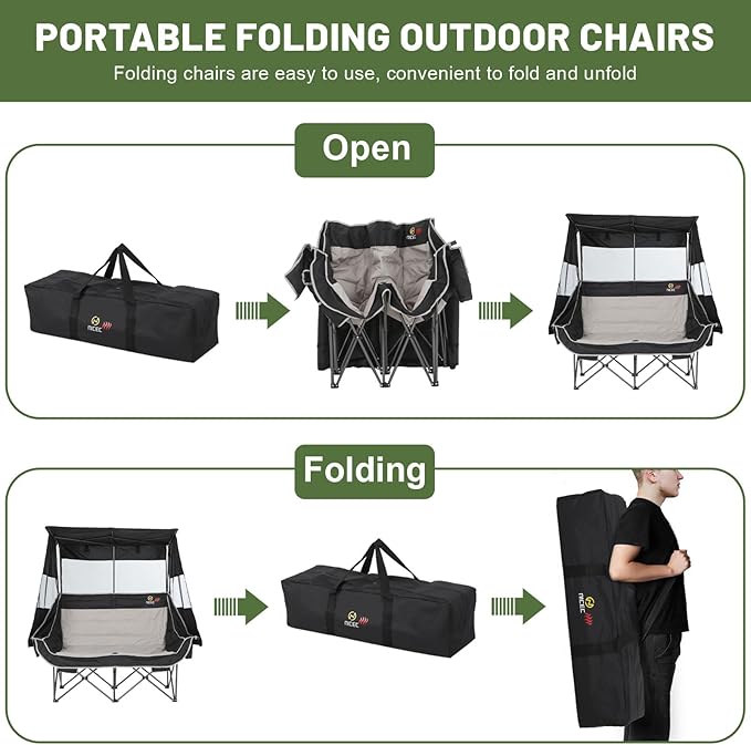 Nice C Heated Double Camping Chair with Canopy, Heated Outdoor Sports Folding Chair with Battery, Portable Padded Umbrella Chairs with Shade, Cup Holder, Cooler Bag, Loveseat for Lawn, Outdoors