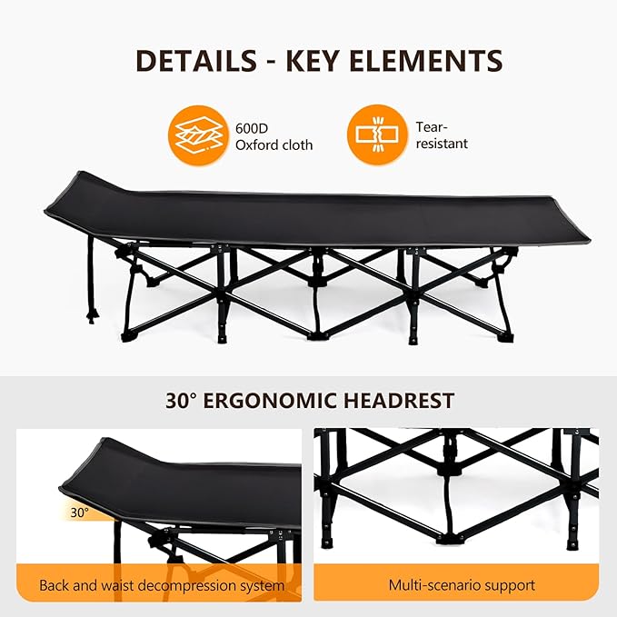 VINGLI Folding Camping Cot Bed,Camping Cots for Adults with Mattress, Cots for Sleeping with Pillow 1200D Layer Oxford for for Guest-Black 1P