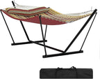 2 Person Double Hammock with Adjustable Steel Stand & Pillow, Heavy Duty Portable Outdoor Hammock Set, MAX 450 LBS Weight Capacity for Patio, Garden, Beach, Backyard