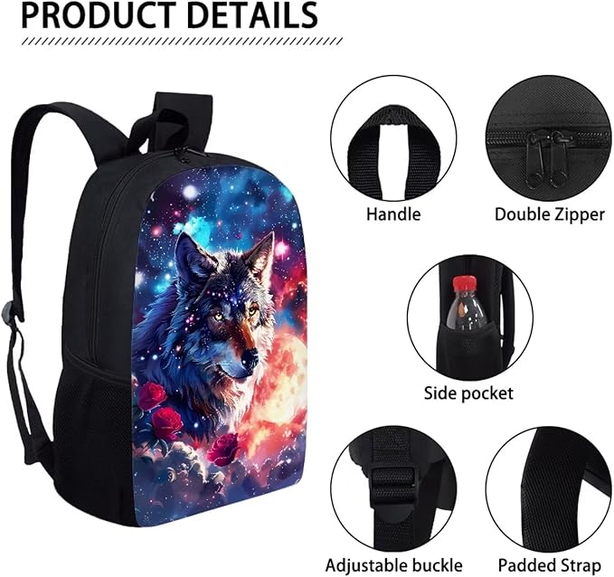 Wolf Backpack for School Space Galaxy Bookbag and Lunch Box Set for Boys Cool Lightweight School Bags for Boys 6-8 Ages Insulated Lunch Bags 3 in 1 Back to School Gifts