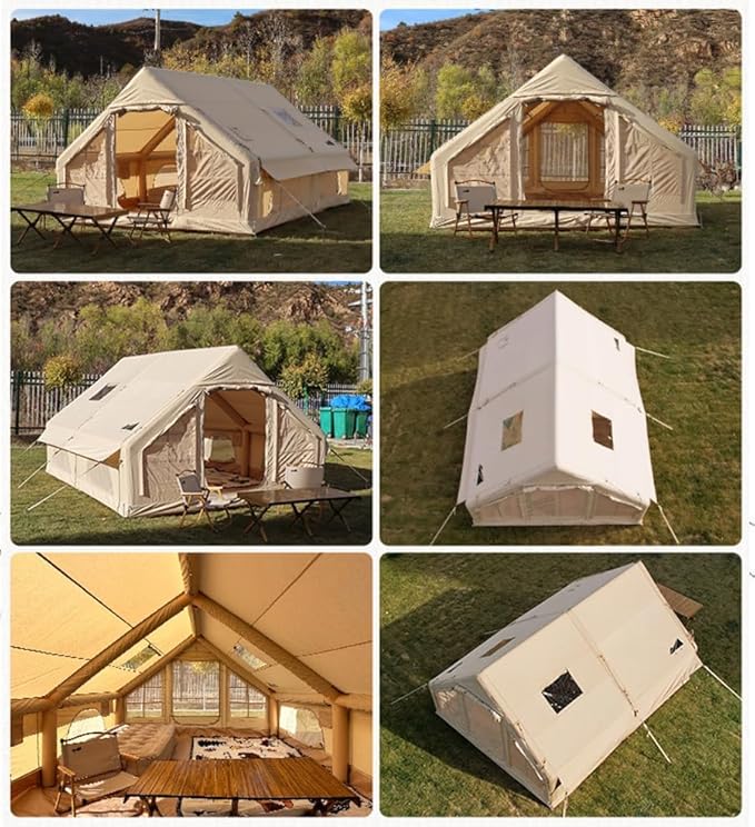 Large Luxury Inflatable Camping Tent Cotton Canvas Tent, Breathable and Waterproof Air Tent with Skylight and Stove Jack Hole for for 4-6-8-10 Person Family Camping