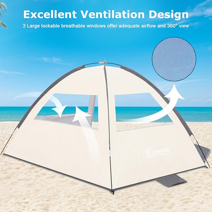 COMMOUDS Beach Tent Sun Shade for 3/4/6/8 Person, UPF 50+ Beach Sun Shelter Canopy Tent, Lightweight, Easy Set Up and Carry