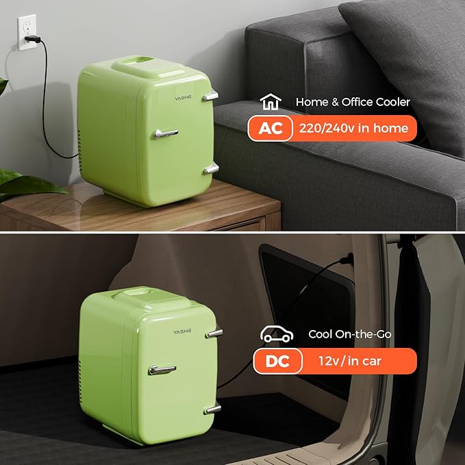 Mini Fridge, 4 Liter/6 Can Mini Makeup Fridge, 110V AC/ 12V DC Portable Thermoelectric Cooler&Warmer for Skincare, Drink, Cosmetic, Medicine, Small fridge for Bedroom, Office, Dorm, Car, Green
