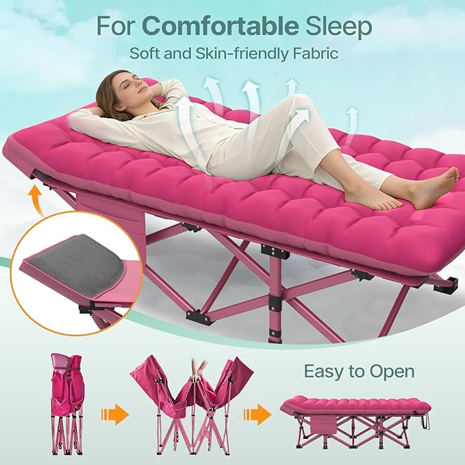 Suteck 32In XXL Folding Camping Cot, 900LBS Heavy Duty Sleeping Cot with Pillow Mattress, 1200D Double-Layer Oxford Portable Cot for Adults with Carry Bag for Home Office Nap Beach Travel