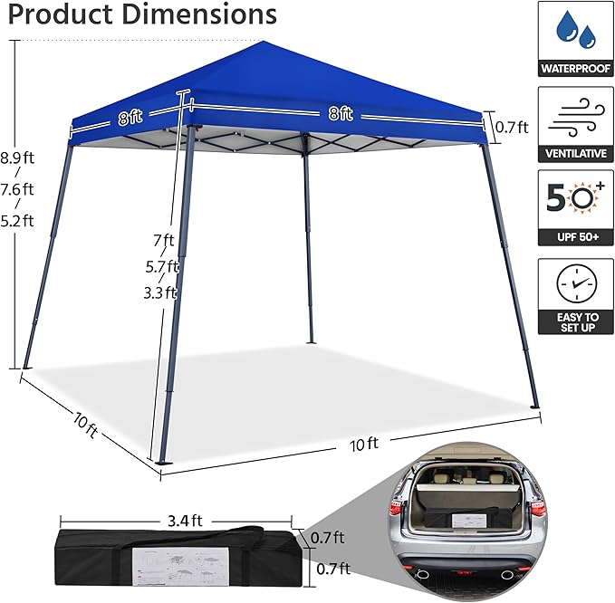 Yaheetech Instant Canopy Tent, 10x10 Slant Leg Easy Outdoor Pop up Canopy, Folding Portable Gazebo Instant Shelter Tent with Backpack for Garden/Camping/Party, 10x10 Base 8x8 Top, Blue