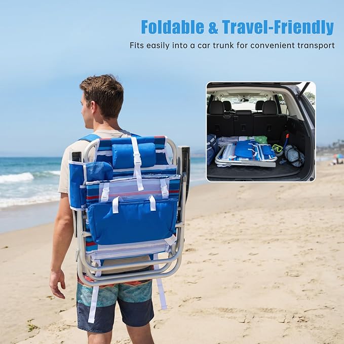 SUNNYFEEL Beach Chairs for Adults 2 Pack 5 Position Lay Flat, Portable Folding Backpack Beach Chair Heavy Duty with Cooler Bag, Cup Holder for Outdoor/Lawn/Picnic, Foldable Camping Chair
