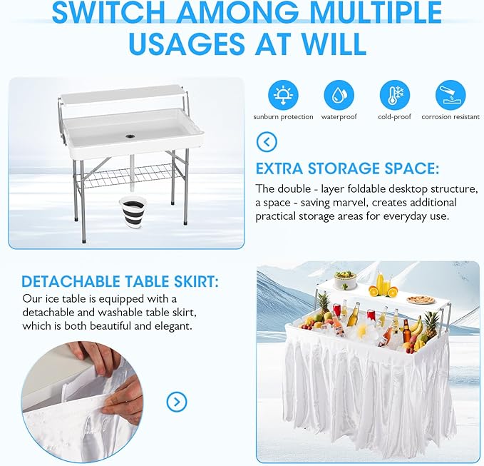 HLPB 4 FT Party Ice Cooler Folding Table with Folding Board, Outdoor ice Table with Skirt & Drain & Folded Buckets & Barbed Wire, Portable Foldable Bar Table for Party, BBQ, Camping, Picnic, White