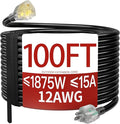 100 FT 12 Gauge Extension Cord Outdoor, Heavy Duty Weatherproof & Flame Retardant Black 3 Prong Power Cord with Light, Outside for Lawn & Garden, 15 Amps 1875 Watts 125 VAC 12AWG SJTW, ETL Listed