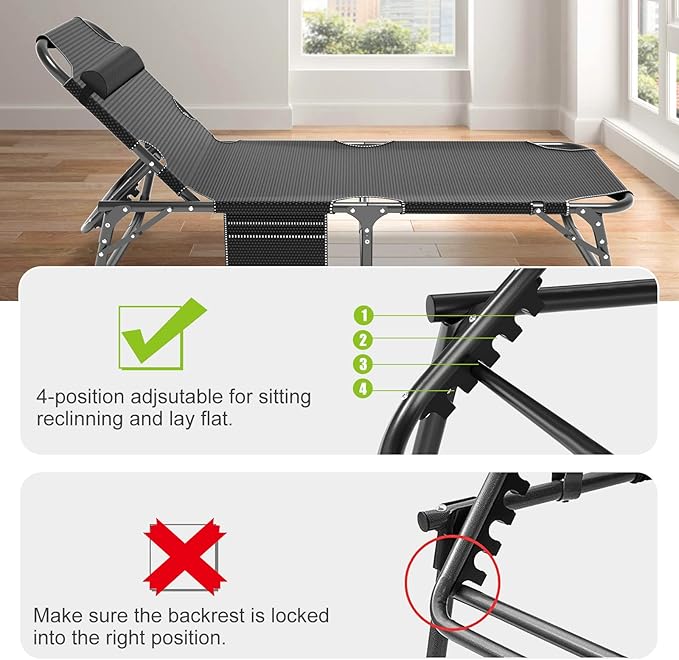 LILYPELLE Folding Outside Chaise Lounge Chair with Mattress, 5 Position Adjustable Patio Folding Lounge Chair Reclining Chairs Perfect for Outside, Sunbathing, Camping, Pool, Beach, Patio, Cool Black