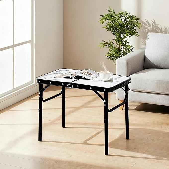 Small Folding Camping Table, 2ft Portable Table with 3 Adjustable Heights, Aluminum Lightweight Foldable Picnic Table with Mesh Layer and Extension Legs for RV, Camp and Indoor (Black Frame)