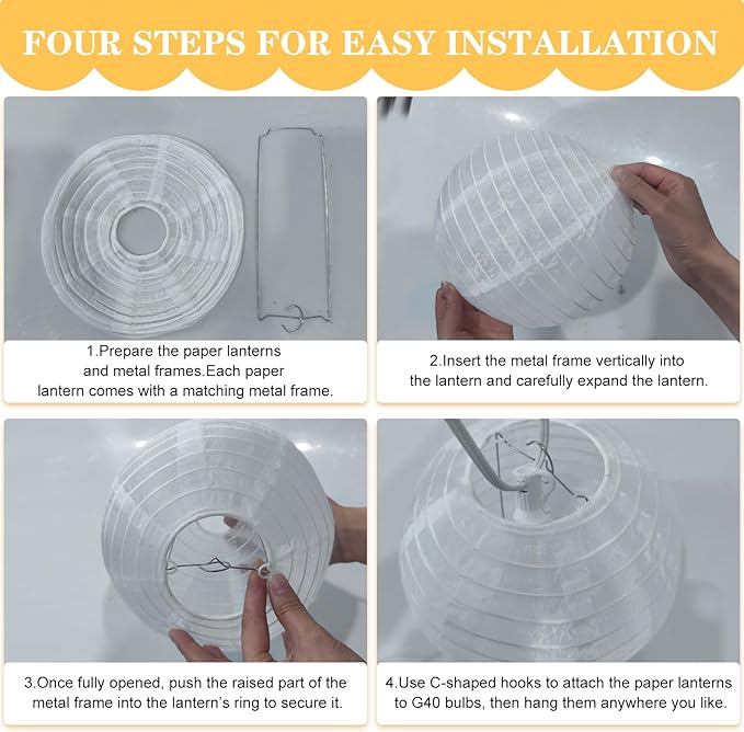 25Ft White Lantern String Lights with 10pcs G40 LED Bulbs,Nylon Hanging Chinese White Lanterns Connectable for Indoor Outdoor,Summer Camping,Wedding,Bedroom,White Wire