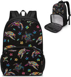 School Bags for Adults Kids, Insulated Cooler Lunch Box Backpack for Middle High School Student, Men Women Office Travel Pianic Hiking Dayback, Sea Turtle Flowers