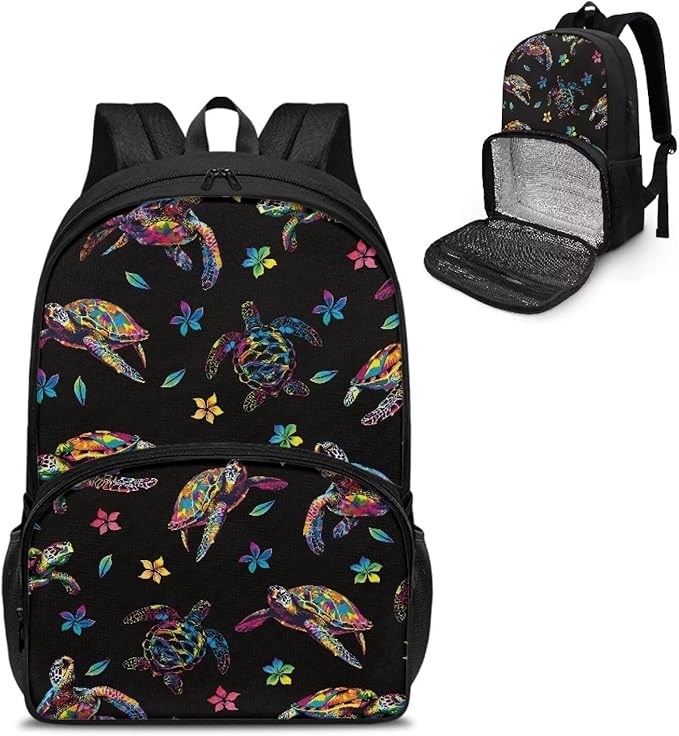 School Bags for Adults Kids, Insulated Cooler Lunch Box Backpack for Middle High School Student, Men Women Office Travel Pianic Hiking Dayback, Sea Turtle Flowers