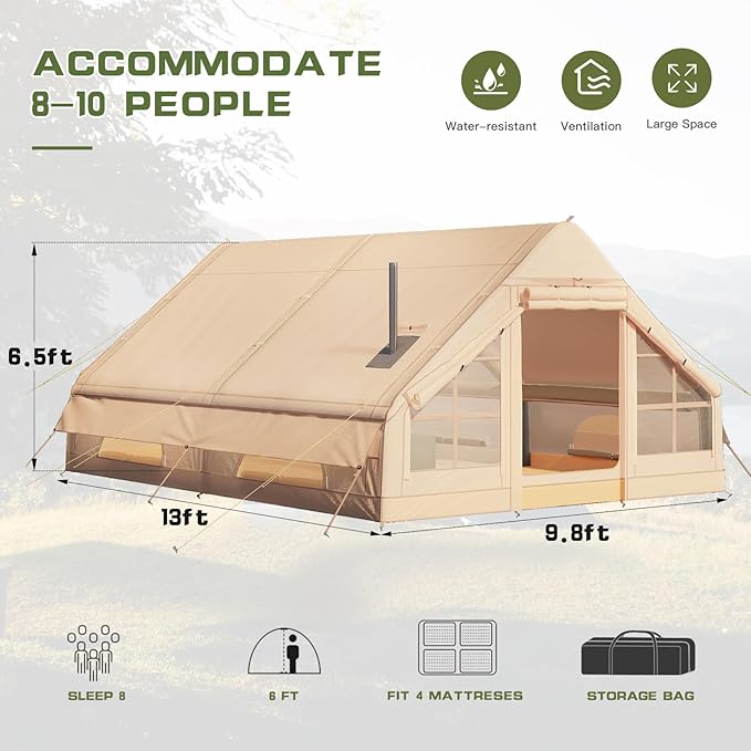 YOLENY Inflatable Tents for Camping, 6-12 Person Blow Up Tent with TPU Skylight, Canopy, Mesh Windows, Stove Jack & Pump, 4 Season Large Inflatable Tent, Waterproof & Windproof