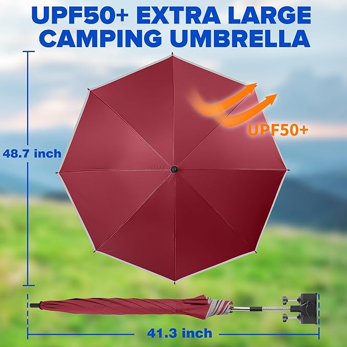 2PACK 48.7inch Umbrella for Beach Chair, 360°Adjustable 50+ UV Protection Large Camping Chair Umbrella with Universal Clip for Glof Cart, Garden Table, Bleacher（Chair,Table not include）