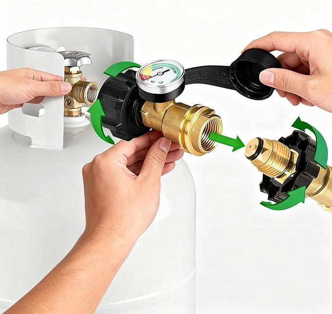 Propane Tank Gauge Gas Pressure Meter, QCC1/Type 1 Connection Solid Brass Weatherproof, Easy Read Level Indicator for Grill RV Camper Fire Pit Camping Stove Patio Heater & More 5-40 LB Cylinders