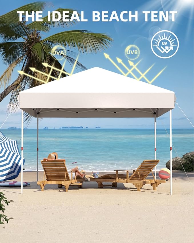 GarveeLife 10x10 Pop Up Canopy with One Button Push Setup - Heavy Duty Outdoor Canopy Tent with Portable Roller Bag - 3 Adjustable Height, 4 Weight Bags, 8 Stakes & 4 Guy Ropes Included, White
