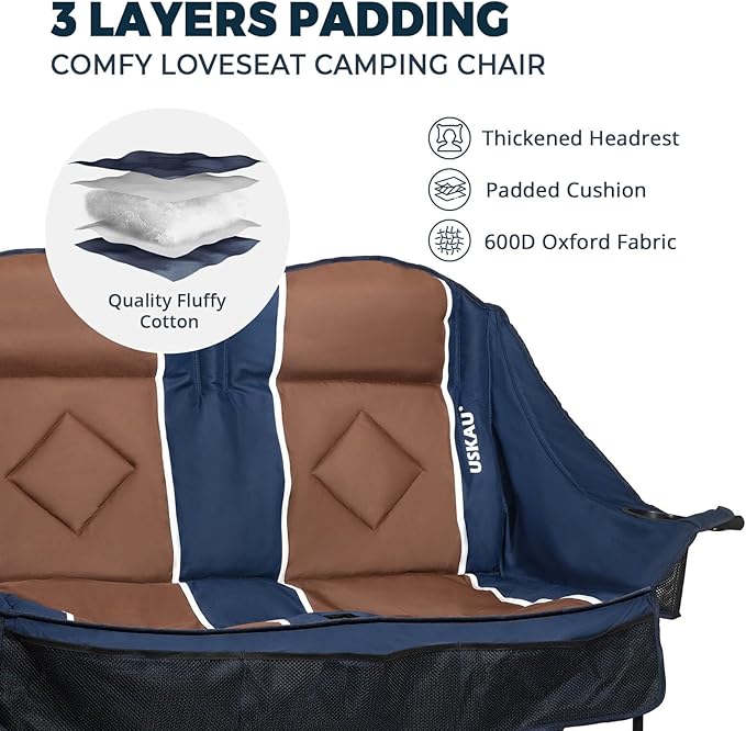 Oversized USLCamping Chair - 2 Person Portable Folding Outdoor Loveseat Heavy Duty Lawn Chairs for Adults with Padded Cushion & Dual Cup Holders, Supports 660LBS for Camping，Sports，Picnic