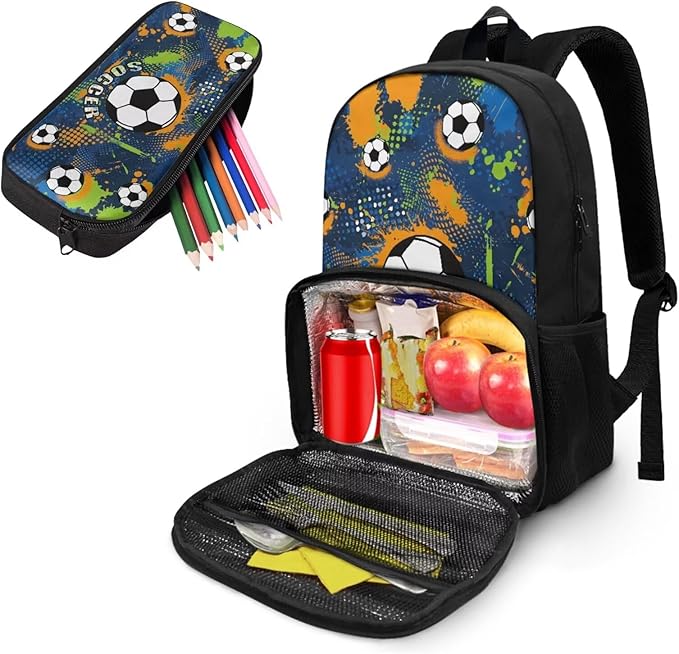 Lunch Bag Soccer Backpack for Boys with Insulated Cooler Lunch Box Backpack with Pen Pouch 2 Pcs Travel Laptop Backpack Computer College Bag for Kids Schoolbag