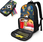 Lunch Bag Soccer Backpack for Boys with Insulated Cooler Lunch Box Backpack with Pen Pouch 2 Pcs Travel Laptop Backpack Computer College Bag for Kids Schoolbag