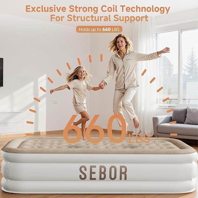 Sebor Air Mattress Twin with Built-in Pump 18", Comfortable Self-Inflating Air Mattress with High-Speed Pump, Durable Blow Up Mattress Twin with Storage Bag for Guests, Camping, Travel