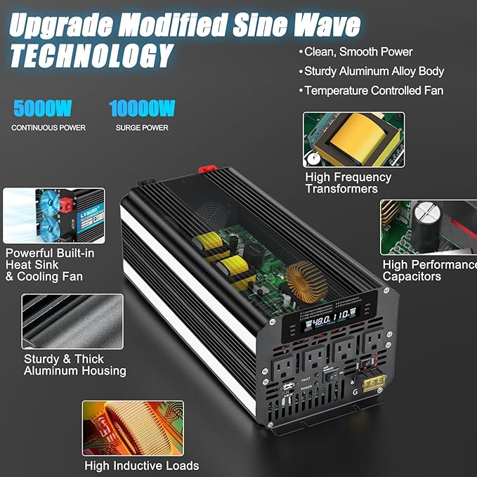 LVYUAN 5000 Watt Power Inverter 48V to 110V 120V for Vehicle, Solar Inverter System, Heavy Duty, RV, Truck, Off Grid,Camping with 4 AC Outlets, LCD Display, Wireless Remote Control, Car Power Inverter