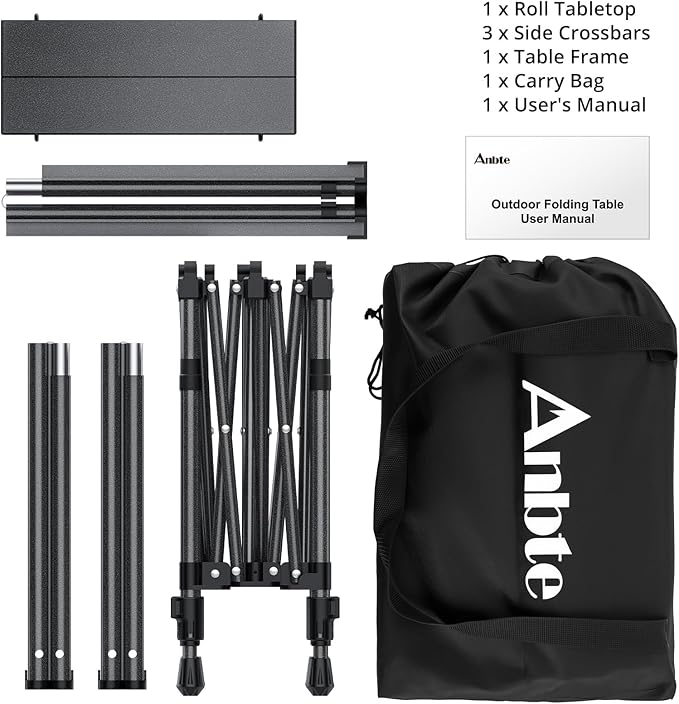 Anbte Camping Table Foldable, 2 Height Max 27.5" Aluminum Roll up Camping Table with Carry Bag & Heat-Resistant Tabletop, Lightweight, for Indoor Outdoor RV BBQ Picnic Patio Beach, 26" x 23", Black