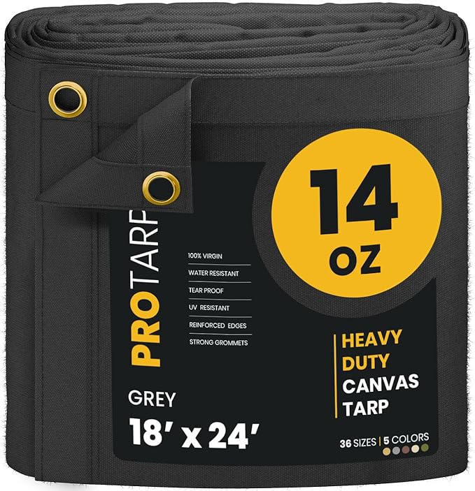PROTARP Heavy Duty 14 OZ Water Resistant Canvas Tarp, UV Resistant Tarpaulin Cover with Rustproof Brass Grommets, Multipurpose for Canopy, Roof, Camping, Woodpile (Grey 18'X24')