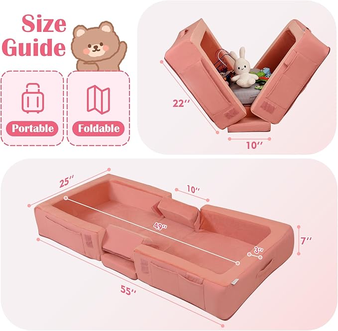 ENITYA Toddler Travel Bed, Folding Floor Cot for Travel, Portable Kids Bed for Sleeping, Washable Toddler Cot for Children 1– 4yr Old, Pink