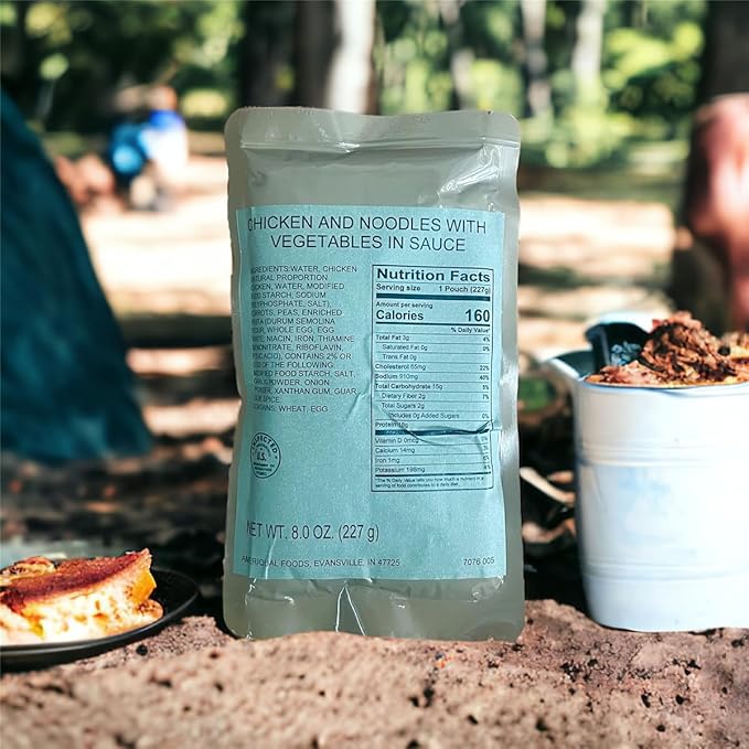 MRE (Meal-Ready-to-Eat) | Single Serving Entree | Emergency Meals | Survival Food | Fresh Dates | Long Shelf Life | Made in USA (3-Pack, Chicken Noodle with Vegetables)