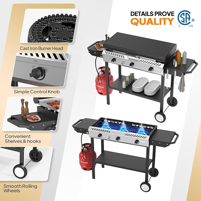 Bonnlo 2-in-1 Propane Stove and Griddle, 3 Burner Outdoor Gas Cooker with Iginition, Storage Shelf and Portable Wheels, 225000BTU Output Camping Stove for Backyard Cooking BBQ Frying and Boiling