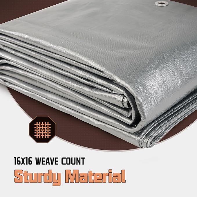 12 x 12 FT Waterproof Heavy Duty Tarp, 10 Mil Thick, Outdoor Furniture Covers, Plastic Insulated Tarpaulin for Camping Tent Roof Boat Patio Pool Cover, Large & Small Multi-Size Tarps, Silver/Brown