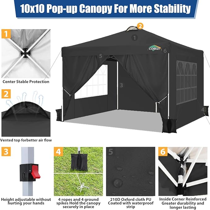 COBlZI 10x10 Pop Up Canopy Tent with 4 Removable Sidewalls, Waterproof Commercial Easy Adjustable Gazebo Tent with Air Vent, 4 Sandbags, 4 Stakes & 8 Ropes（Outdoor Tents for Parties/Exhibition,Black