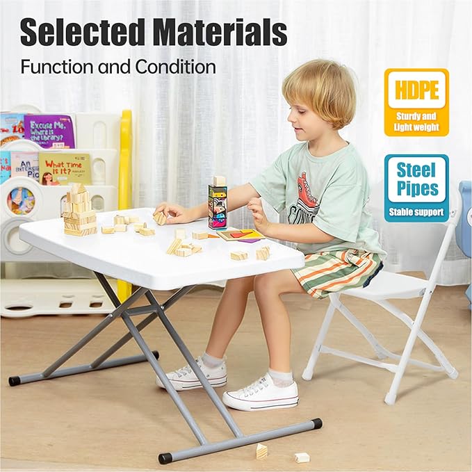 Adjustable Folding Table – 30" x 20" Foldable Desk with 3 Height Settings (18", 25", 29"), Lightweight Small Table for Camping, Outdoor, Indoor, Bedside Use, Portable White Granite Table