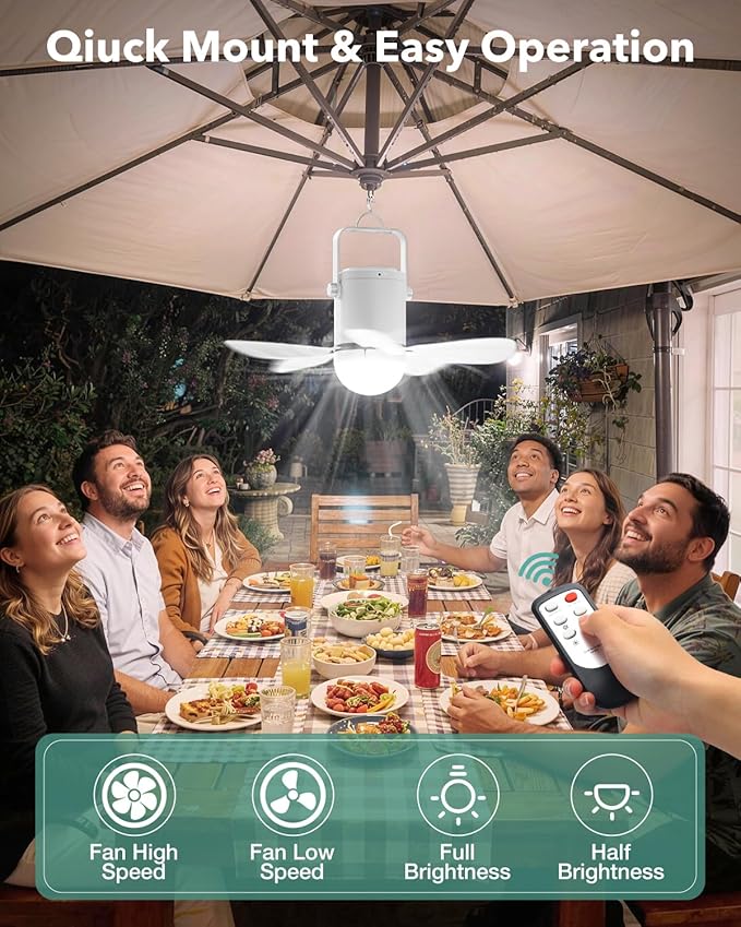 Solar Ceiling Fan Light, 30W Solar Gazebo Fan with Remote, Portable Solar Canopy Fans for Outside, Rechargeable Battery Operated Camping Fan, for Tent Shed Patio Greenhouse Porch Pergola