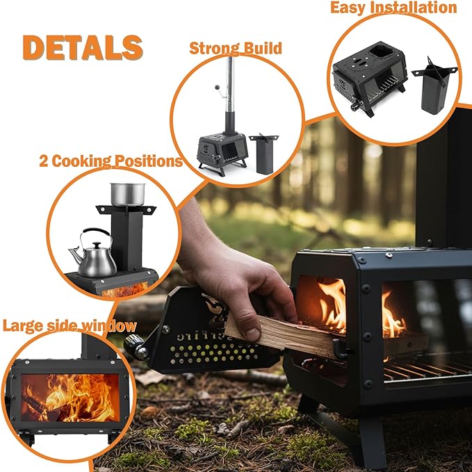 Portable Wood Burning Stove,Hot Tent Stove with Fire Viewing Window,7 Section Stainless Steel Chimney,X-shaped Pot Holder,Wood Stove for Outdoor Camping Heating and Cooking (11 * 9 * 8in)