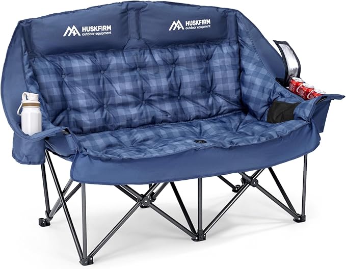 Padded Double Camping Chair High Back Double Seat Camping Chair Oversized Camping Loveseat Support 800LBS Heavy Duty Camping Couch with Cup Holders, Cooler, Carry Bag, Blue