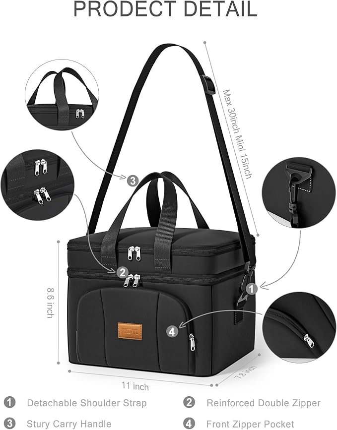 Rnivvi Lunch Box for Men, Double Decker Insulated Cooler Bag Lunch Bag Reusable Leakproof Tote Lunch Container with Strap for Work Family Picnic Hiking Camping, 18 Cans 12L, Large Adults, Black