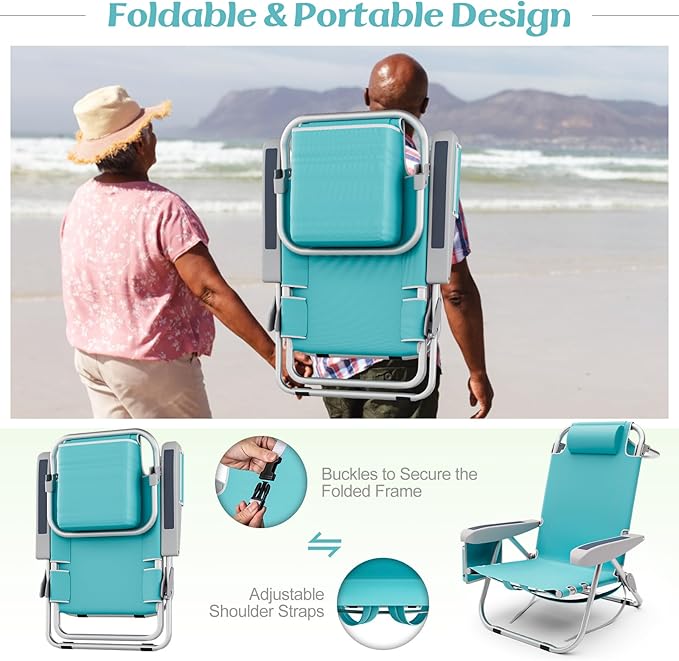 Tangkula Set of 4 Backpack Beach Chair, 5-Position Lightweight Folding Lay Flat Beach Chairs with Storage Bag, 2 Cup Holders, Towel Bar, Backpack Straps