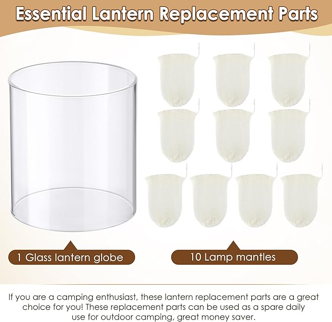 11 Pcs Propane Lantern Mantles with Glass Globe Replacement, Compatible with Coleman Fueled Lanterns, U Shape & Standard Replacement Propane Globe, Camp Lamp Mantle for Outdoor Camping