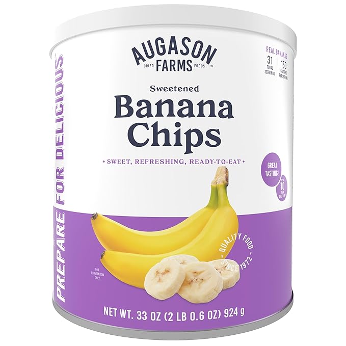 Augason Farms Sweetened Banana Chips Emergency Food Supply, 31 Servings, 10 Year Shelf Life, Great for Cooking, Baking, and Snacks - Dehydrated Meals, Survival Food Camping Essentials Can