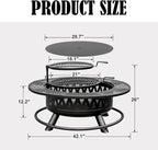 42 Inch Fire Pit with 2 Grills, Large Outdoor Firepits for Outside, Wood Burning Fireplace for Camping,Picnic,Bonfire, 3-in-1 Round Metal Table with Lid for Backyard,Patio,Party