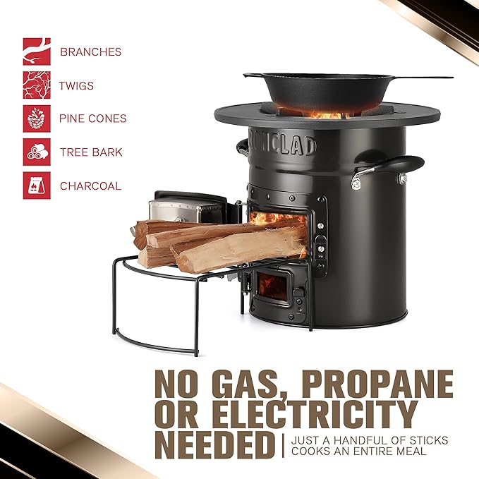 Rocket Stove – Camping Wood Stove for Emergency Preparedness, Survival, Off Grid Living Supplies – Portable Wood Burning Stove with Canvas Storage Bag and Fuel Support System